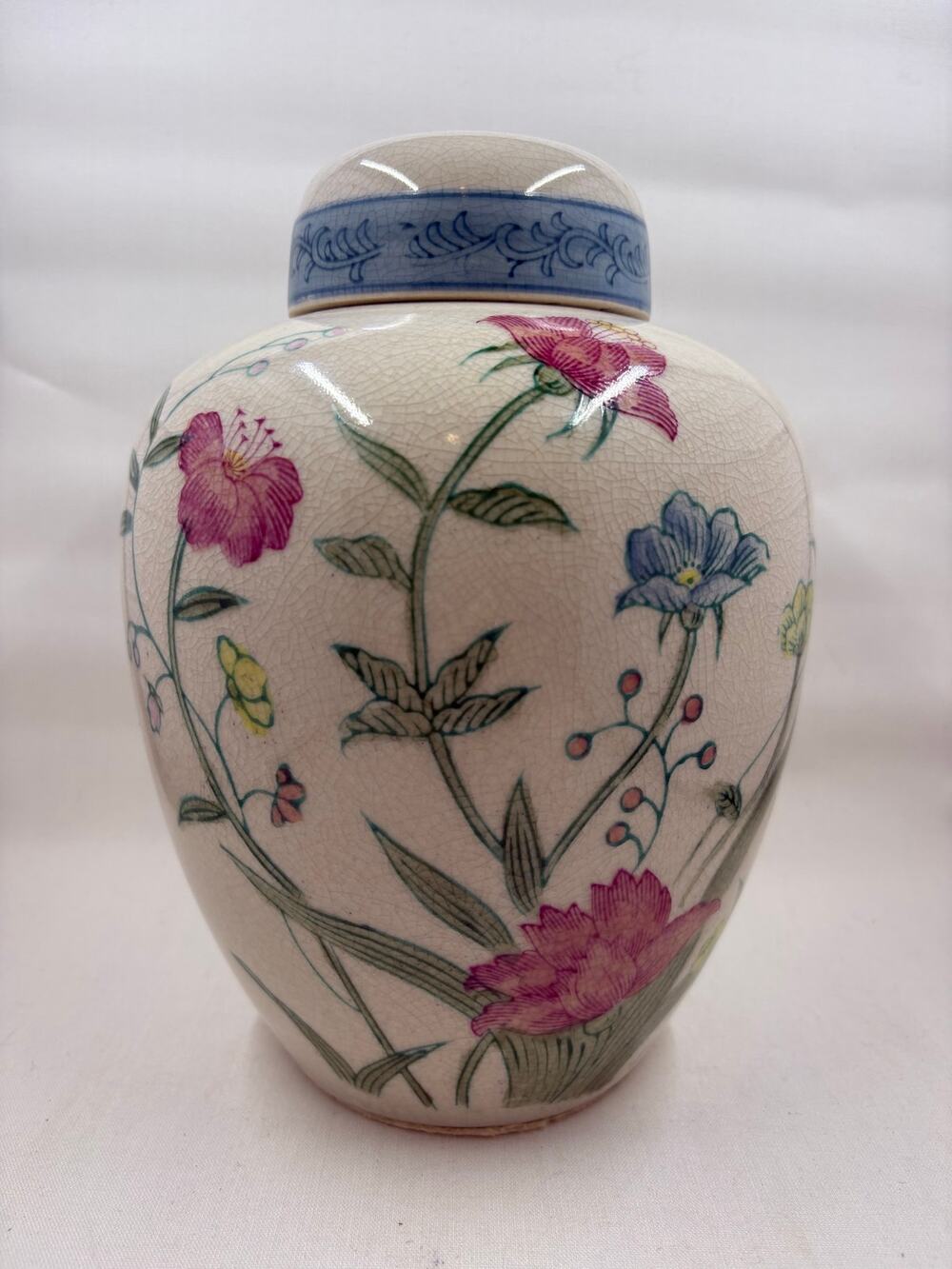 Vtg Andrea by Sadek Crackle Glaze Ginger Jar with Lid – Hand Painted Porcelain